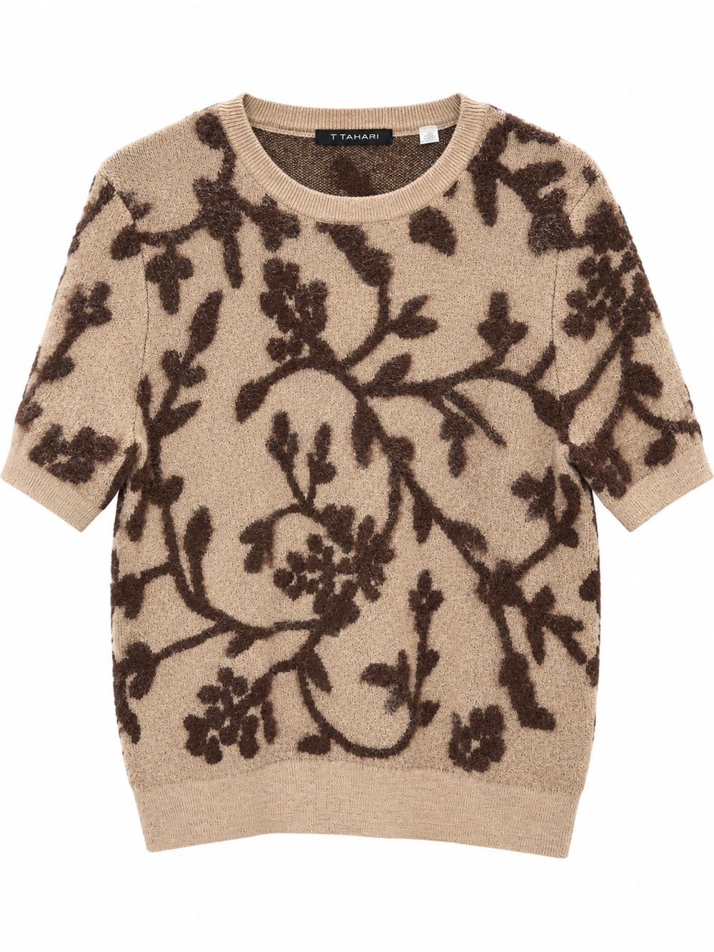 T Tahari Beige and Brown Floral Short-Sleeve Crewneck Sweater